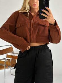 SHEIN EZwear Túi có nắp Thả vai Áo Jacket Crop - màu nâu - Xem 1