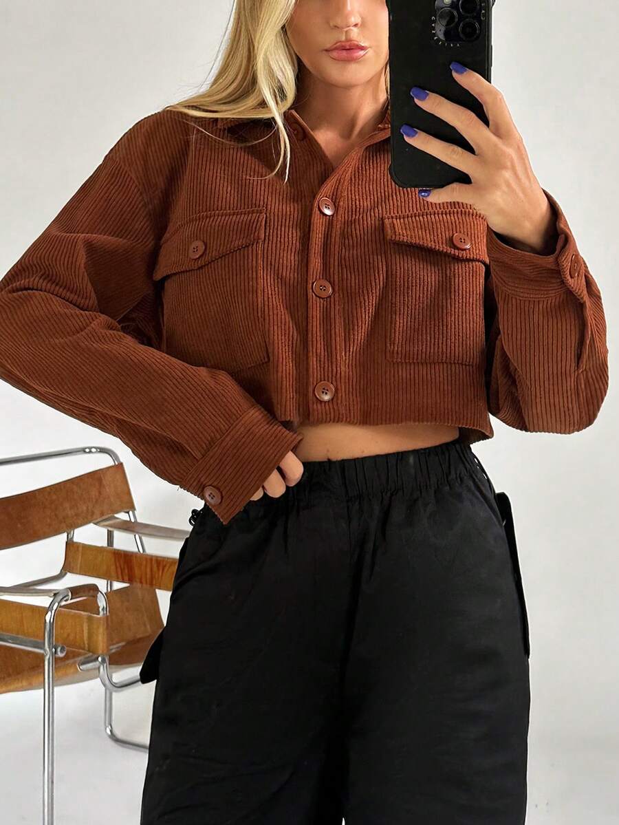 SHEIN EZwear Túi có nắp Thả vai Áo Jacket Crop - màu nâu - Xem 1