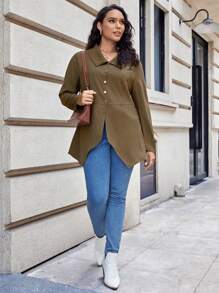 SHEIN LUNE Hơn Chất rắn Nút phía trước Viền không đối xứng áo - màu nâu - Xem 3