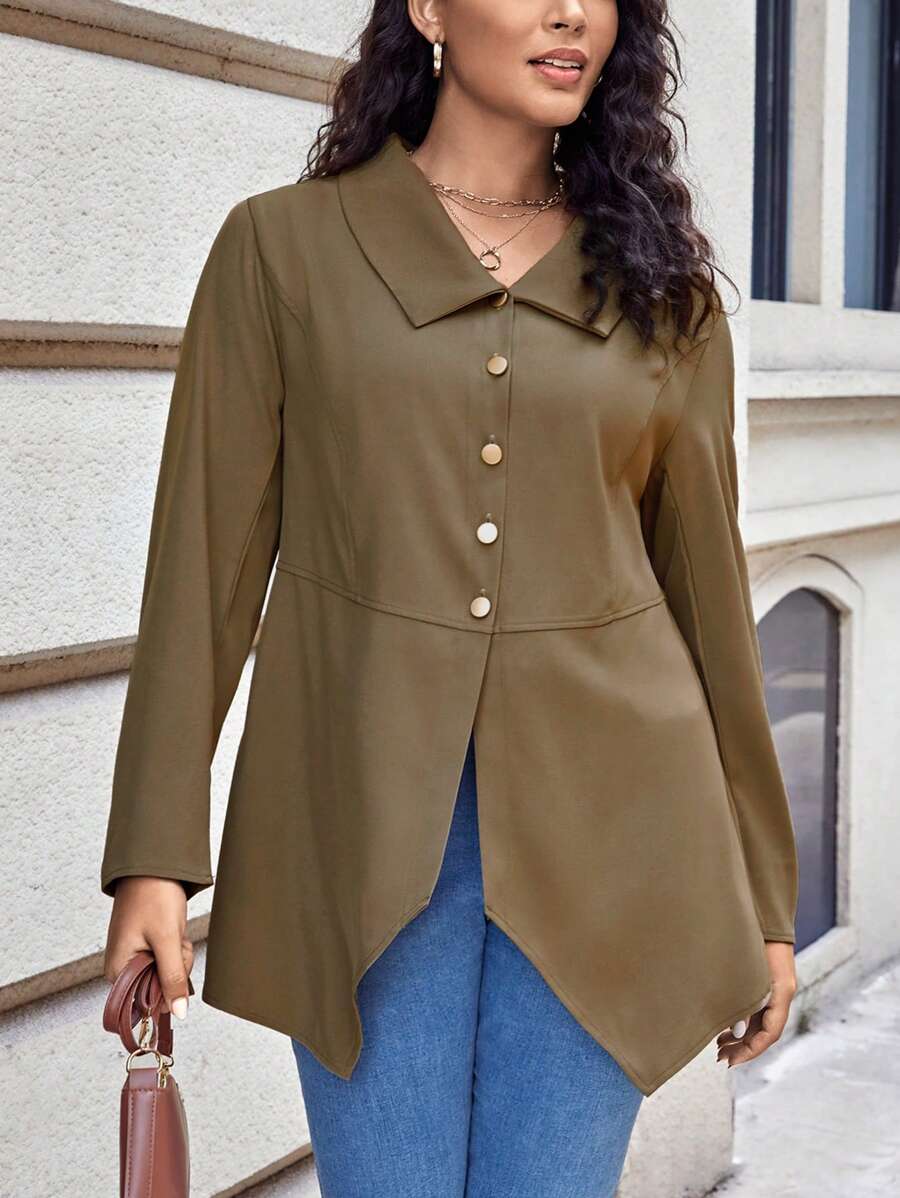 SHEIN LUNE Hơn Chất rắn Nút phía trước Viền không đối xứng áo - màu nâu - Xem 1