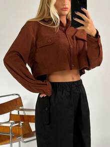 SHEIN EZwear Túi có nắp Thả vai Áo Jacket Crop - màu nâu - Xem 3
