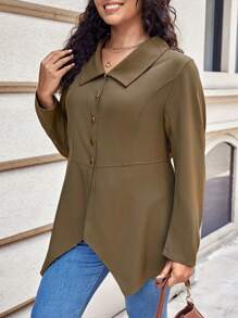 SHEIN LUNE Hơn Chất rắn Nút phía trước Viền không đối xứng áo - màu nâu - Xem 5