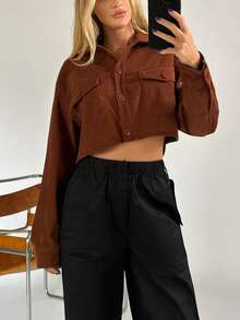 SHEIN EZwear Túi có nắp Thả vai Áo Jacket Crop - màu nâu - Xem 4