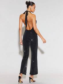 SHEIN BAE Plunging Neck Backless Flare Leg Halter Jumpsuit - Black - View 2