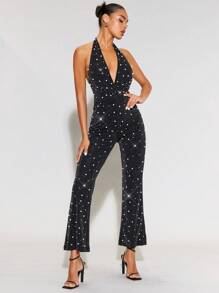 SHEIN BAE Plunging Neck Backless Flare Leg Halter Jumpsuit - Black - View 4