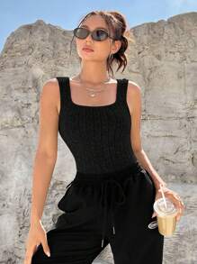 SHEIN EZwear Solid Ribbed Knit Tank Bodysuit