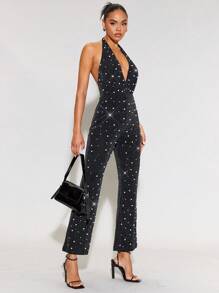 SHEIN BAE Plunging Neck Backless Flare Leg Halter Jumpsuit - Black - View 1
