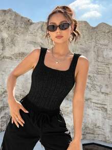 SHEIN EZwear Solid Ribbed Knit Tank Bodysuit