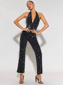 SHEIN BAE Plunging Neck Backless Flare Leg Halter Jumpsuit - Black - View 6