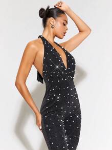 SHEIN BAE Plunging Neck Backless Flare Leg Halter Jumpsuit - Black - View 7