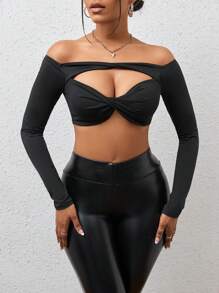 SHEIN SXY Off Shoulder Twist Front Cut Out Crop Top - Black - View 1