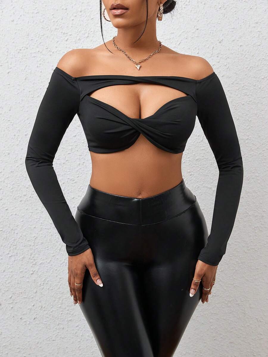 SHEIN SXY Off Shoulder Twist Front Cut Out Crop Top - Black - View 1