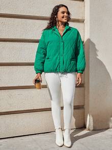 SHEIN LUNE Plus Drop Shoulder Quilted Coat - Green - View 3