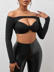 SHEIN SXY Off Shoulder Twist Front Cut Out Crop Top - Black - View 4