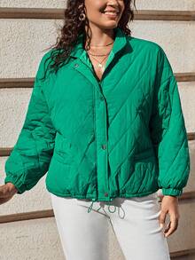 SHEIN LUNE Plus Drop Shoulder Quilted Coat - Green - View 5