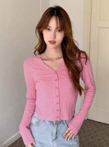 DAZY Solid Button Front Crop Tee,Fall Clothes Long Sleeve Women Tops - Pink - View 2