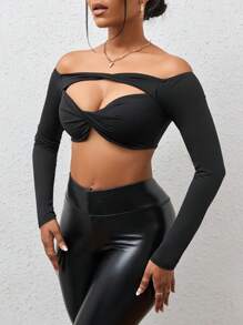 SHEIN SXY Off Shoulder Twist Front Cut Out Crop Top - Black - View 5