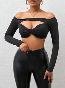 SHEIN SXY Off Shoulder Twist Front Cut Out Crop Top - Black - View 6