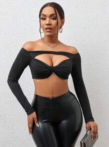 SHEIN SXY Off Shoulder Twist Front Cut Out Crop Top - Black - View 7