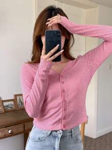 DAZY Solid Button Front Crop Tee,Fall Clothes Long Sleeve Women Tops - Pink - View 1