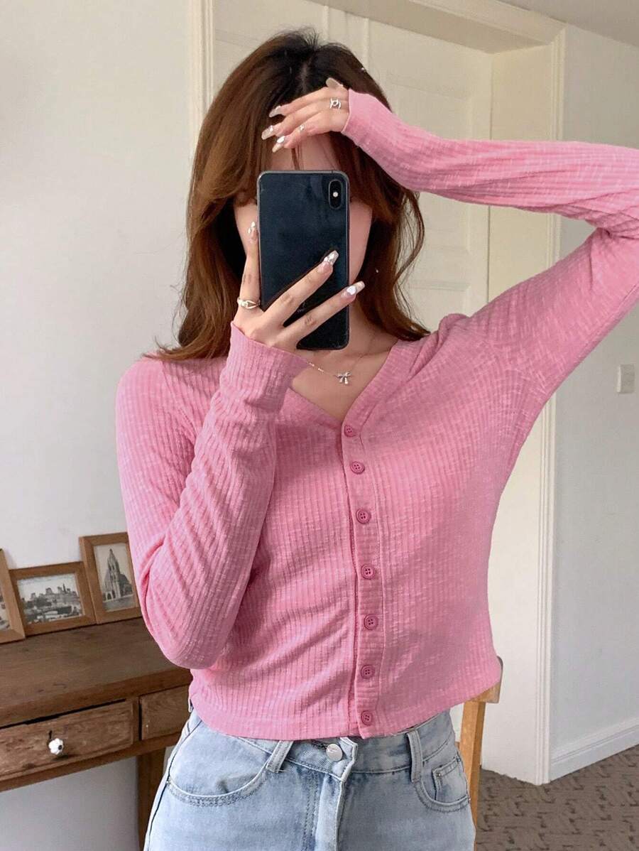 DAZY Solid Button Front Crop Tee,Fall Clothes Long Sleeve Women Tops - Pink - View 1