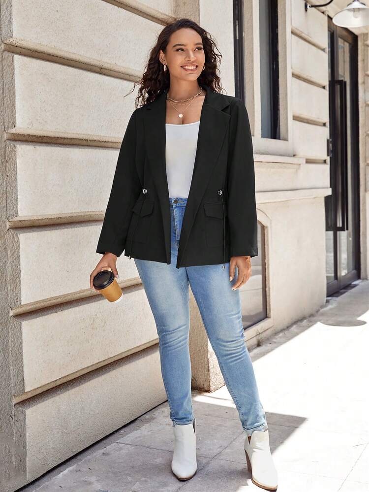 Plus Lapel Neck Flap Pocket Blazer