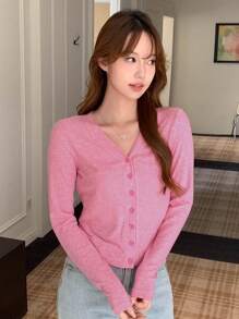 DAZY Solid Button Front Crop Tee,Fall Clothes Long Sleeve Women Tops - Pink - View 3