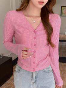 DAZY Solid Button Front Crop Tee,Fall Clothes Long Sleeve Women Tops - Pink - View 4