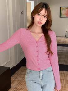 DAZY Solid Button Front Crop Tee,Fall Clothes Long Sleeve Women Tops - Pink - View 5