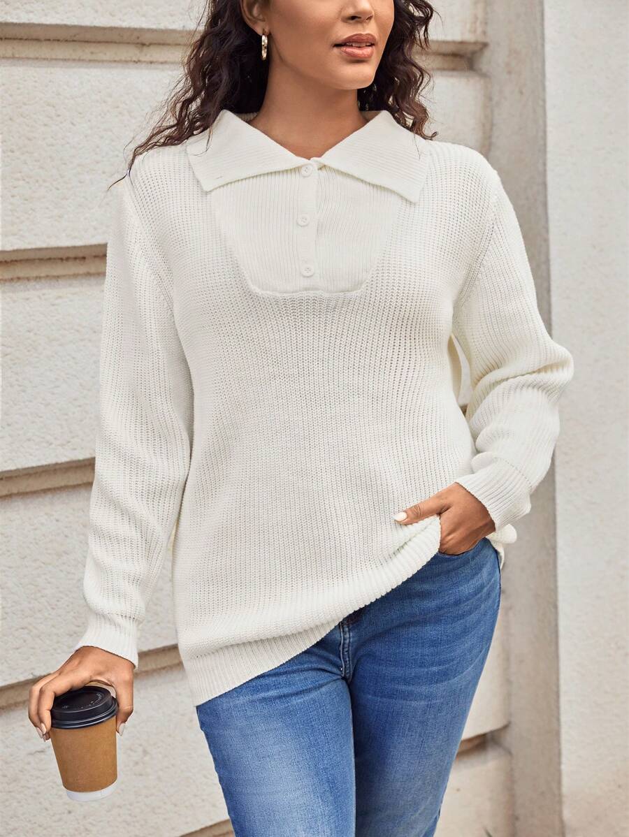 SHEIN LUNE Plus Polo Neck Ribbed Knit Sweater - Beige - View 1