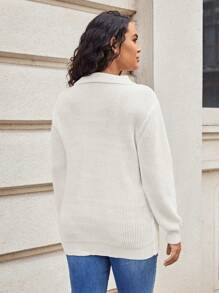 SHEIN LUNE Talla grande Jersey de cuello polo tejido de canalé - Beis - Ver 2