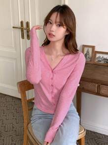 DAZY Solid Button Front Crop Tee,Fall Clothes Long Sleeve Women Tops - Pink - View 7