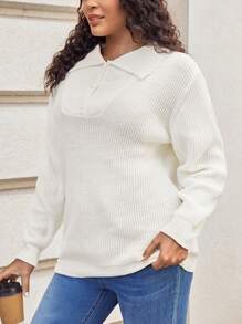 SHEIN LUNE Talla grande Jersey de cuello polo tejido de canalé - Beis - Ver 3