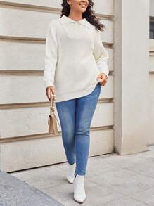 SHEIN LUNE Talla grande Jersey de cuello polo tejido de canalé - Beis - Ver 4