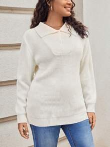 SHEIN LUNE Talla grande Jersey de cuello polo tejido de canalé - Beis - Ver 5