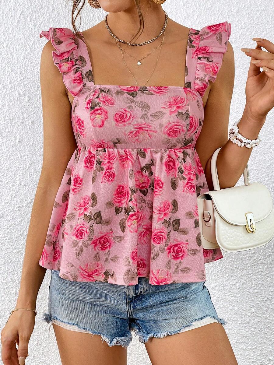 SHEIN VCAY Top peplum con estampado floral ribete con fruncido - Rosa - Ver 1