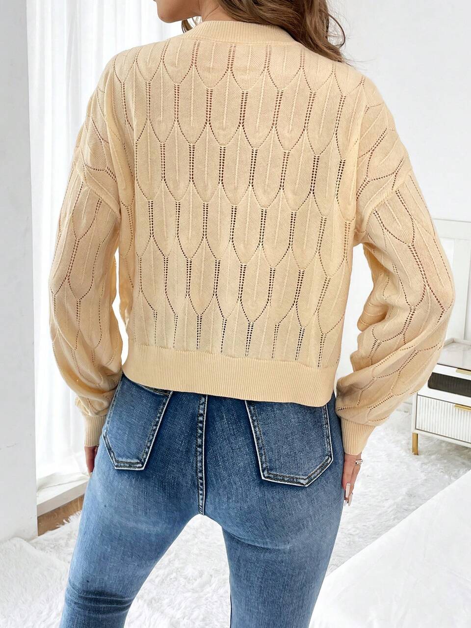 Solid Drop Shoulder Pointelle Knit Sweater
