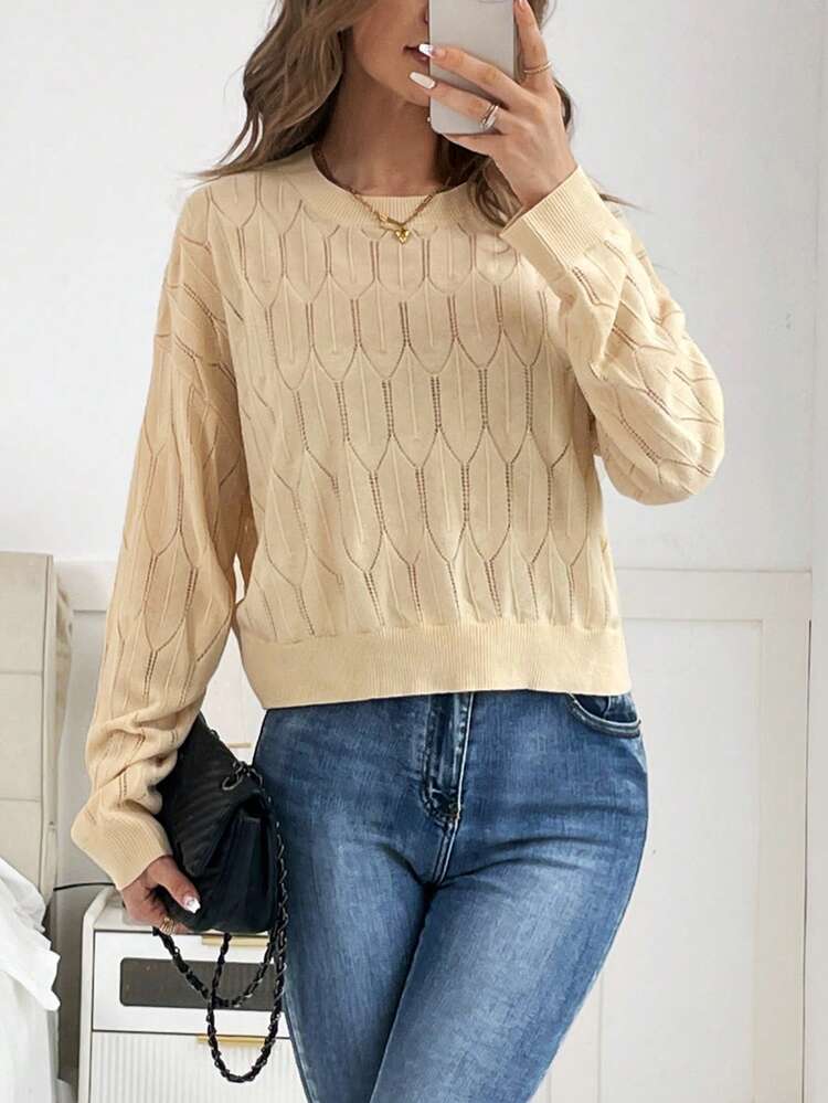 Solid Drop Shoulder Pointelle Knit Sweater