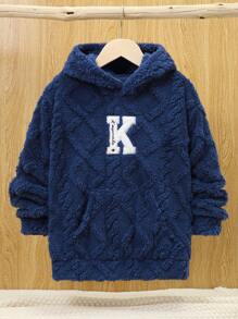 SHEIN Tween Boy Letter Embroidery Kangaroo Pocket Teddy Sweatshirt - Navy Blue - View 1