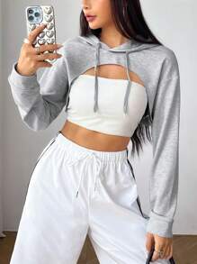 SHEIN EZwear Capucha súper crop de hombros caídos con cordón sin top - Gris - Ver 3