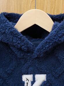 SHEIN Tween Boy Letter Embroidery Kangaroo Pocket Teddy Sweatshirt - Navy Blue - View 3