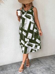 EMERY ROSE 夏季加大全印花背心裙 - 綠色 - 查看 4