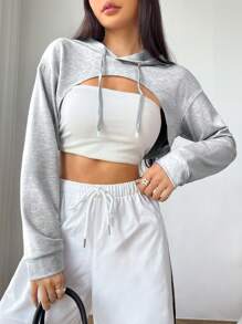SHEIN EZwear Capucha súper crop de hombros caídos con cordón sin top - Gris - Ver 1