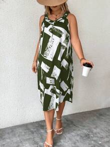 EMERY ROSE 夏季加大全印花背心裙 - 綠色 - 查看 5