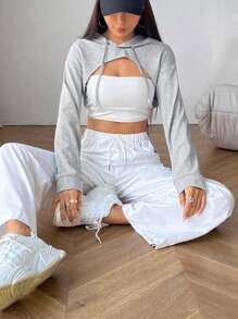 SHEIN EZwear Capucha súper crop de hombros caídos con cordón sin top - Gris - Ver 4