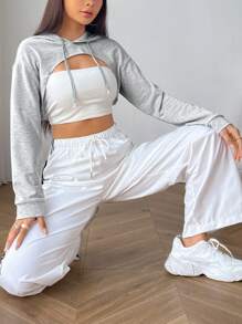 SHEIN EZwear Capucha súper crop de hombros caídos con cordón sin top - Gris - Ver 5