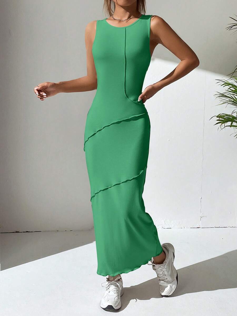 SHEIN EZwear Solid Lettuce Trim Tank Dress - Green - View 1