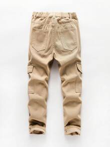 SHEIN Explorewe 青少年男孩百搭个性校园时尚运动侧边纽扣牛仔裤，适合假日、夏季、旅行等各种场合。 - 卡其色 - 查看 2