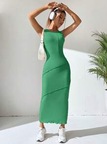 SHEIN EZwear Solid Lettuce Trim Tank Dress - Green - View 3