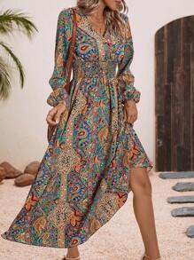 SHEIN LUNE 佩斯利印花燈籠袖A字連衣裙 - 彩色 - 查看 5